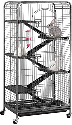 Yaheetech Gabbia per Coniglio Nano da Interno Esterno a 5 Ripiani Animali Domestici Grande in Metallo con 4 Rotelle Orientabili 64 x 43 x 131 cm Nera