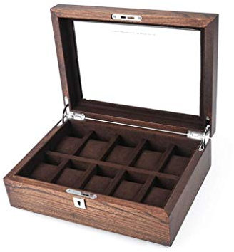 Uhrenbox Uhrenkoffer Uhrenkasten Uhrenbox Aus Reinem Holz Old Elm Mit Schloss Glasschiebedach 10 Schlitze Braunes Futter Geeignet FüR MäNner/Frauen Geschenke - 30 × 21,5 × 10 cm