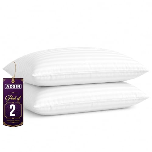 adsin Hotel Quality 2-Pack Stripe Pillows Soft Hollowfibre Pillows Rapid Rebound & Dust Proof Supportive for Back, Stomach & Side Sleepers, Hypoallergenic, Standard Size Bed Pillows