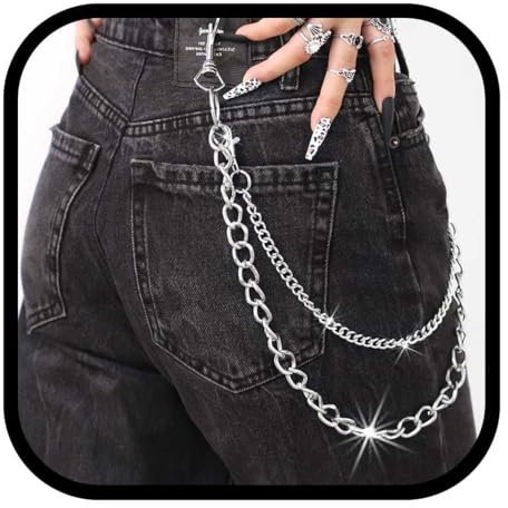 Bounzhi Hip Hop Pants Jean Chain Goth Punk Silver Trousers Chains Biker Heavy Thick Wallet Pocket Chains Silver Keychains Body Jewelry for Men and Women