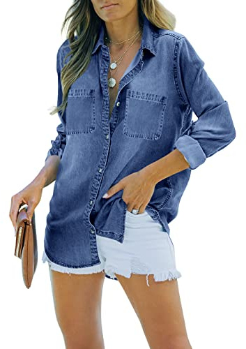 imesrun Womens Button Down Denim Shirt Chambray Casual Long Sleeve Collared Boyfriend Jean Jacket Shacket With Pockets