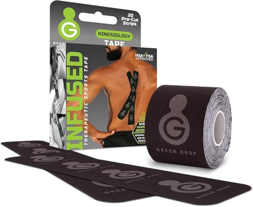 Green Drop Herbal-Infused, Therapeutic Sports Tape – Stretchable, Breathable & Patented Medical Grade Kinesiology Tape for Natural Relief in Muscles, 20 Precut, 10” Strips