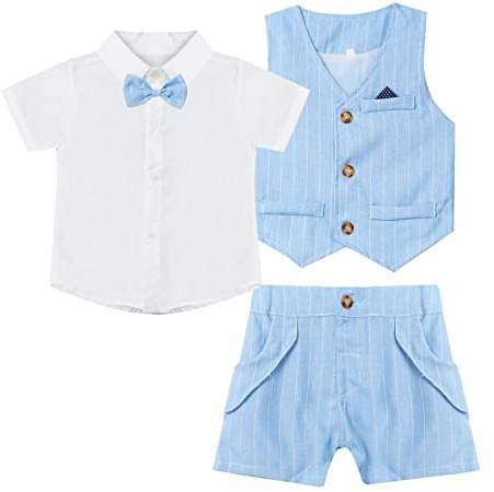 ranrann Set bröllop pojke baby barn gentleman skjorta shorts dop outfit födelsedag fotoutfit set sommar 9 månader - 8 år, Färg: blå, 3-4 �r