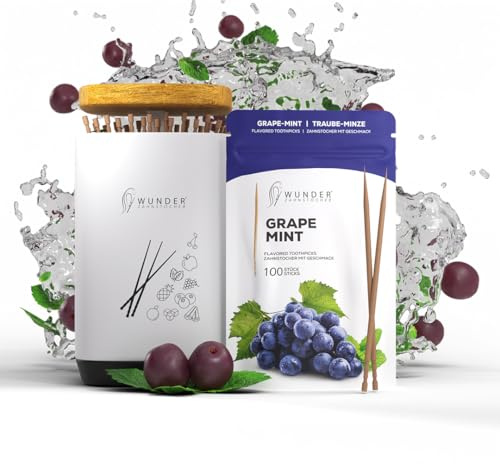 Tandpetarehållare från Wunder tandpetare - Dispenser med easy-lift-funktion - Tandpetarhållare - Tandpetare med smak (dispenser + druva-mynta)