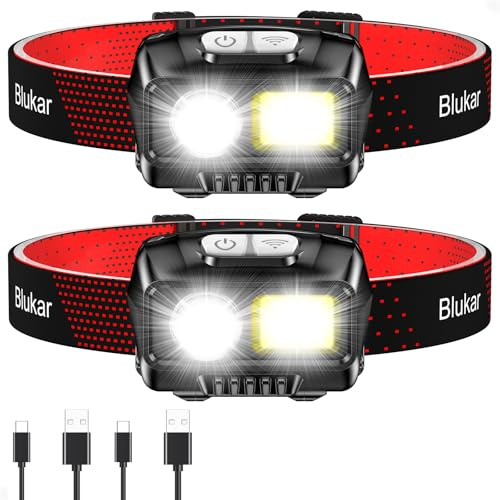 Blukar LED Stirnlampe Wiederaufladbar, Superhell 2000L Kopflampe mit 8 Lichtmodi, Sensor und Rotlicht, Leichtgewichtig IPX5 Wasserdichte Mini Stirnleuchte für Joggen, Campen, Angeln - 2 Stück
