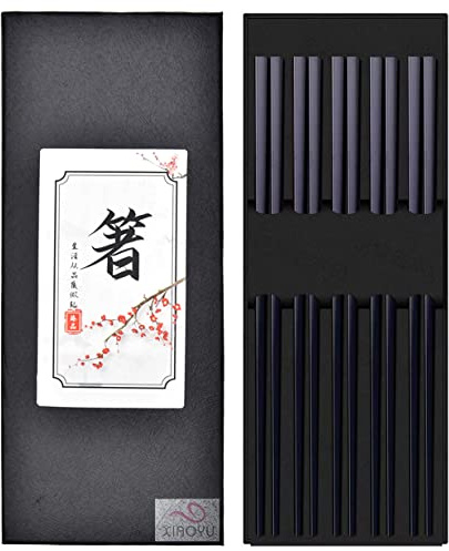 XIAOYU 5 Pairs 304 Stainless Steel Reusable Chopsticks, Square Lightweight Chop Sticks, Dishwasher Safe Metal Chopsticks, 9.25 Inches, Black