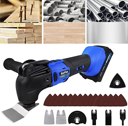 300W Oscillating Tool Cordless DIY Multi Tool 6000-20000rpm, Oscillating Multitool with 1 x 21V 1.5Ah Battery and Charger, 4 Saw Blades, 15pcs Sanding Sheets, for DIY Projects