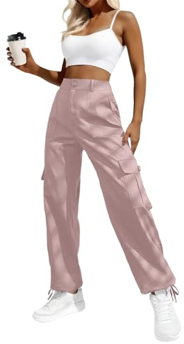 Lepunuo Dam hög midja cargobyxor resa Y2K streetwear säckiga stretchiga byxor med 6 fickor dragsko ankel manschetter, Lila rosa, M
