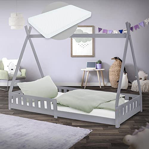 ML-Design Barnsäng Tipi 90x200 cm Grå med madrass H:16 cm, utfällningsskydd & spjälram, furu, indisk säng i massivt trä för flickor & pojkar, hussäng med staket, ungdomssäng leksäng Träsäng