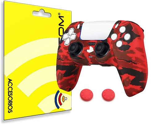Actecom Funda de Silicona Compatible con Mando Sony PlayStation 5 PS5 Camuflaje Carcasa Cubierta Anti Caídas Golpes Goma Flexible + Grip de Regalos (Rojo)
