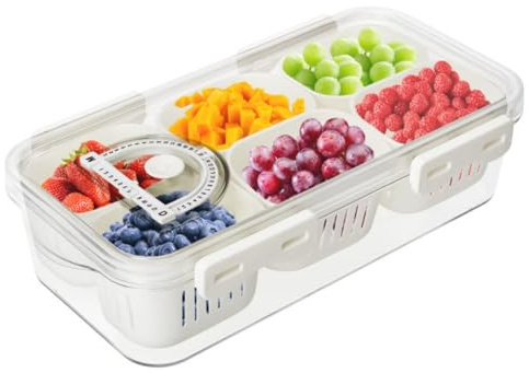 Longzhuo Refrigerator Crisper Box with Lid, Divided Serving Tray Serving Platter with 6 Removable Compartment Box, Reusable Serving Platters Bowls with Drainage Function for Home Kitchen