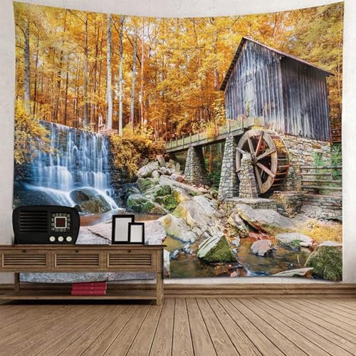 Lirzxin Wandteppich Natur Wald, Tapisserie Wandbehang Gelb Orange Ahorn Wald und Holzhaus Landschaft Wandbehang Tapestry Tapisserie für Schlafzimmer Wohnzimmer Wanddeko, 300x256CM