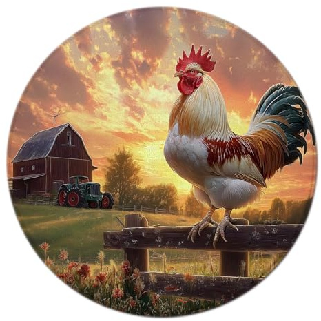 Rustic Farmhouse Round Area Rug Chicken Rooster Retro Wooden Fence Wood Barn House Sunset Sunrise Vintage Country Farm Animal Circle Rug Mat for Kitchen Living Room Bedroom Bathroom