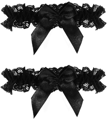 Sorcristy Anillos de encaje con delicado lazo de satén, ligueros de encaje para novia, 2 ligas para bodas, ligas de mujer, para mascaradas, cosplay, bodas (negro)