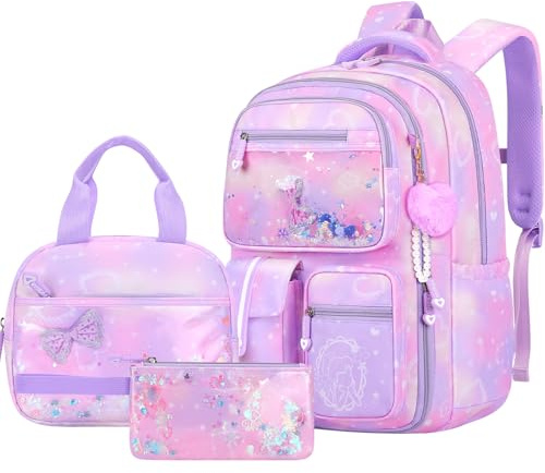 Amythe Set skolryggsäck flicka tonåring 3 delar, skolväskor med lunchväska pennfodral gymnasium för skola resor för 15,6 tum bärbar dator 9264, lila, 15.6 Zoll (Laptop-Fach), ryggsäck ryggsäckar