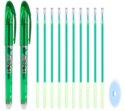 PATIKIL 2Pack Erasable Gel Pens with 10 Refills & 1 Eraser, 0.5mm Heat Erasable Pens for Fabric Green Ink Fabric Markers for Sewing Quilting Planner Writing
