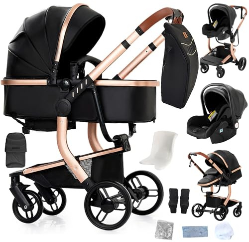 Reenborn Barnvagn, 3 i 1-buggy med hopfällbar design med ett klick, barnvagn med två vändbara skjutlägen, kombibarnvagn, komplett set med ram i aluminiumlegering (B518 svart)