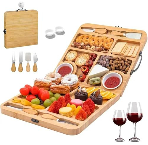 Vurlexat Bamboo Cheese Board, Organic Wood Serving Tray with 4 Knives & 2 Dipping Dishes Set, Openable Charcuterie Board Cheese Serving Platter with 7 Compartments for Gourmets, Mothers & Housewarming