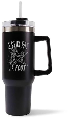 Mug Isotherme 1,2L - Je peux pas foot Noir – Bouteille avec Anse, Paille et Couvercle – Idée Cadeau Gourde Personnalisée