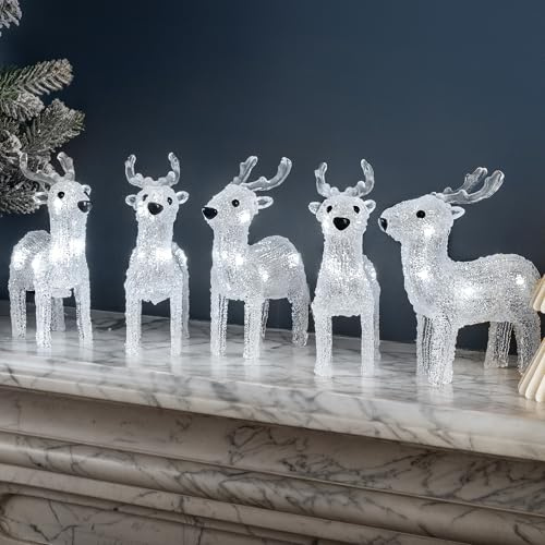 CHRISTOW Mini Acrylic Reindeer Lights, Set of 5, White LEDs | 5 Acrylic Reindeer Christmas Decorations, 30 LEDs, Battery Powered with Timer, Indoor & Outdoor, Weatherproof Battery Pack