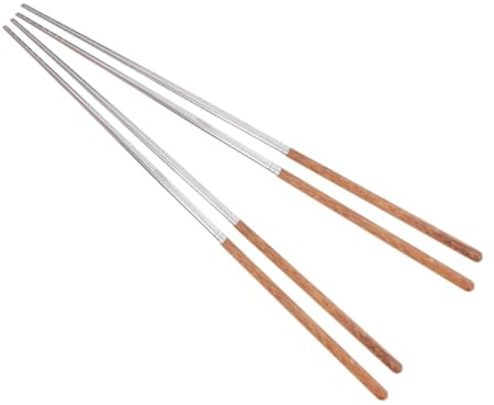 FIXOSHEE 2 pares Palillos Largos de Cocina Acero Inoxidable Mango Madera Resistente Antideslizante Reutilizables para Freír y Hot Pot