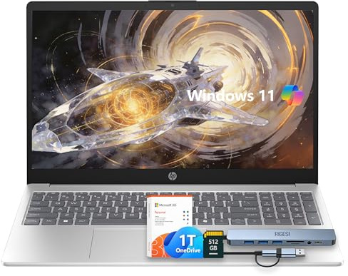 HP 15.6 Laptop – Complete Productivity Solution, Windows 11 with Microsoft Office, Intel 4 Core N100, 8GB RAM, 640GB Storage (128GB UFS + 512GB SD Card), Copilot AI, Lightweight – Silver