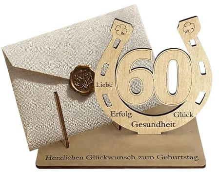 PIujsym 60 Geburtstag Geschenk Set, Hufeisen Holz Schild mit Umschlag, Geldgeschenke Verpackung, Gästebuch Aufsteller Deko, Lustige Ideen für Männer Frauen, Mama Papa Party Jubiläum Tischdeko