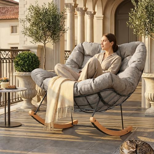 FLEXISPOT Schaukelstuhl Garten, Schwingsessel mit Kopfkissen, wasserfester Bezug, gepolsterter Relaxstuhl bis 159 kg, für Wohnzimmer, Schlafzimmer, Balkon, Hellbraun