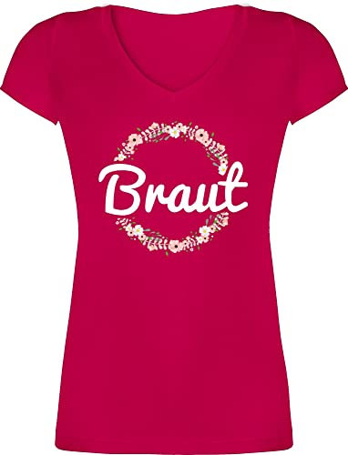T-Shirt Damen V Ausschnitt - JGA Junggesellenabschied Frauen - Braut Blumenkranz - XL - Fuchsia - jungesellinnenabschied Frau Tshirt Shirt junggesellinnenabschied Bachelorette Party bripe Shirts