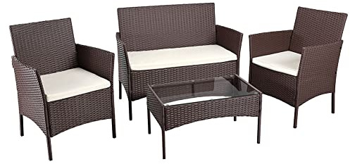 BAKAJI Set Salotto Completo di Divano 2 Poltrone e Tavolino in Vetro e Poly Rattan Struttura in Acciaio con Cuscini Sfoderabili Arredo Giardino Terrazzo (Marrone)