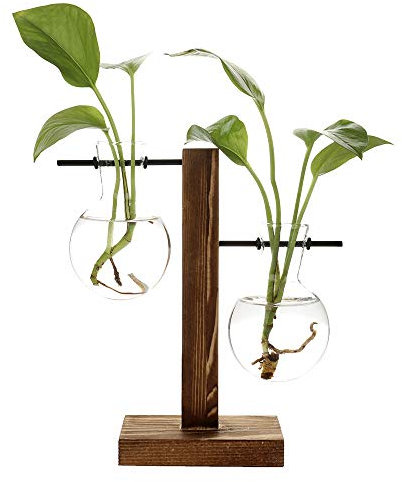 belupai Hydroponic Plant Vases Vintage Flower Pot Transparent Vase Wooden Frame Glass Tabletop Plants Home Bonsai Decor (B - 2 Bulb Vase)