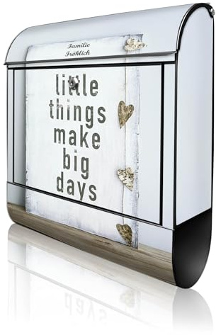 banjado Design Briefkasten personalisiert 38,5x46,5x13cm & 2 Schlüssel - Briefkasten Stahl Schwarz Zeitungsfach pulverbeschichtet - Postkasten A4 Einwurf inkl. Montagematerial - Motiv Little Things