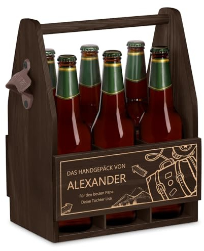Maverton Bierträger für 6 Flaschen 0,5L mit Gravur - Männerhandtasche mit Flaschenöffner - Größe: 25x17x32cm - aus Holz - personaliserte Geschenke für Männer zum Geburtstag