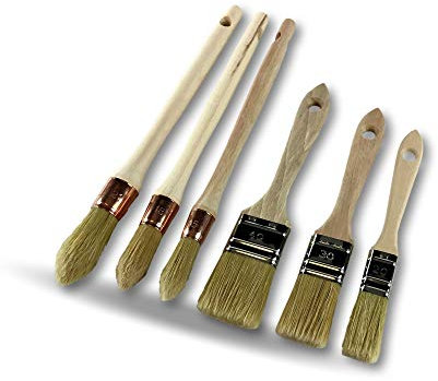 Set de 6 pinceaux fabrication française | Lot de 10 | Matériel professionnel | 3 plats à vernir : 20-30 - 40 mm |3 pouces rechampir 15-18 - 21 mm | Poils de soie blanche | Kibros LOT371323_PROx10