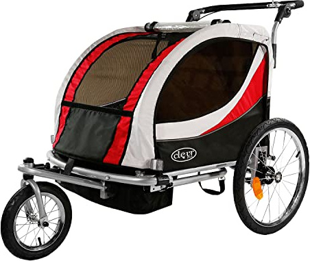 ClevrPlus Deluxe 3-in-1 Double 2 Seat Bicycle Bike Trailer Jogger Stroller for Kids Children | Foldable w/Pivot Front Wheel, Red