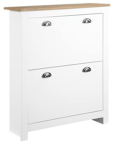 HOMCOM 2 Drawer Shoe Cabinet Modern Narrow Shoe Cupboard Hallway Wooden Storage Organiser with Flip Doors Adjustable Shelf for 6-12 Pairs, White