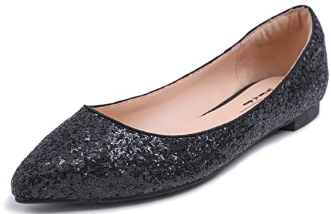 Feversole Dam gnistrande minnesskum dämpad färgglad blank spetsig balettpumpar pumpar, Svart spets glitter, 39.5 EU