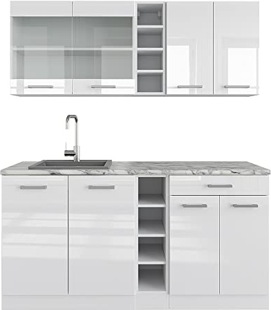 Vicco Singleküche R-Line, Weiß Hochglanz/Weiß, 160 cm | 6 Module · Höhenverstellbare Füße · AP Marmor inkl. · Robuste Fronten · Mit offenen Regalen · Frei kombinierbar