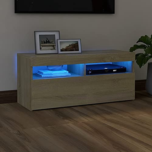 Chenshu Meuble TV Table Television Buffet Armoire Basse Centre de Divertissement Meuble de Salon Maison Intérieur Meuble TV avec lumières LED Chêne Sonoma 90x35x40 cm BP