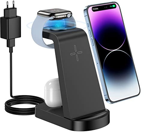 Wireless Charger, CKCN 3 in 1 Fast Wireless Charging Station for i Phone 14/13/12/11 Pro Max/XS, Phone Watch Charger for Apple Watch 8/7/SE/6/5/4/3/2, Charging Stand Dock for Airpods Pro/3/2