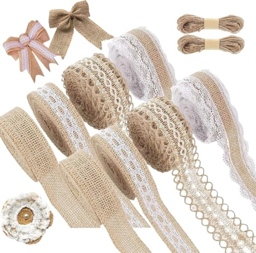 Juteband Vintage Spitzenband,8 Rollen Juteband mit Spitze, mit 20m Hanfseil | Natürliche Jute Bänder und Spitze, Leinwand Band für DIY Handwerk Weihnachten Deko Hochzeit Party Basteln Geschenkband