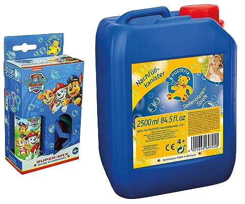 PUSTEFIX Mini-Mix PAW Patrol 70ml I Puste-Ringe Seifenblasen Set I Seifenblasen Kinder Set mit Herz-, Kreis-, Stern-Blasring + Nachfüllkanister 2,5L