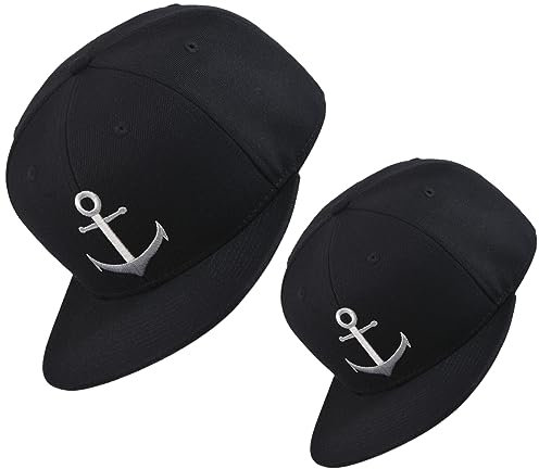 Bexxwell Snapback Caps 2er-Set Partnerlook für Klein und Groß schwarz mit Anker (optimale Passform, Kinder, Baseball Caps, Kappe, Black, Anchor, Unisex)