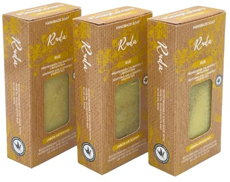 Pack 3 Jabón de Ruda Natural | Jabones para regalar | Jabón de Manos, Cuerpo y Cara Hidratante y Calmante Antiacné | Pastilla Jabón Ecológica Artesanal | Vegano | Sin Aceite de Palma