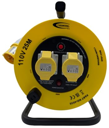 Connexion 110V 25m Cable Reel, 2 Socket 16A Heavy Duty Extension Reel with Thermal Cut Out, IP44 Site Extension Lead for Construction, Trade, Workshop & Power Tools