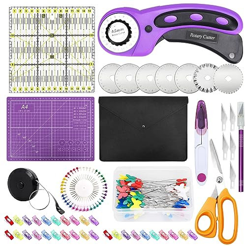 SAMISO Rollschneider Set,Rollschneider Stoffschneider Set,Rollschneider-Set mit Schneidematte,inkl. Schneideunterlage,Patchwork Lineal, Stoffklammern,Stecknadeln,Ersatzklinge