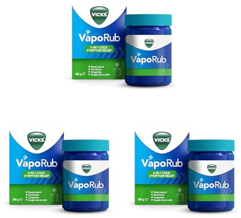 Vicks VapoRub 100 gr, Relief of Cough Cold & Flu Like Symptoms, Relieves 4 Cold Symptoms: Nasal Catarrh, Nasal Congestion, Cough & Sore Throat, Helps You Sleep for Adults & Kids (Pack of 3)