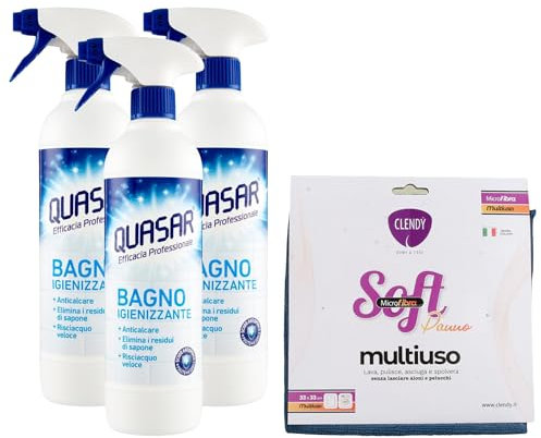 SET PULIZIA: 3x Quasar Detergente BAGNO Igienizzante Spray, Anticalcare, Elimina i Residui Di Sapone, Risciacquo Veloce 580ml + Panno In Microfibra SOFT, Panno Multiuso (Colori Assortiti)