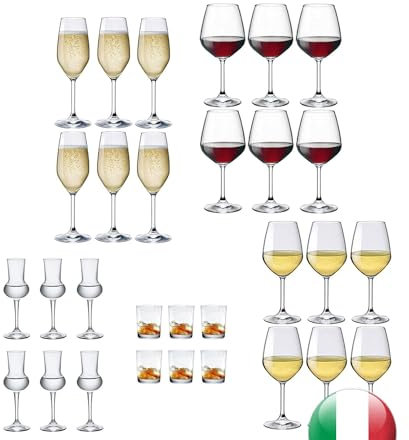 EUPOSIA - Servicio para 6 personas, 30 piezas, juego completo, copas de vino blanco 44 cl., copas de vino tinto 53 cl., copas de vino tinto de 53 cl., copas de champán de 24 cl., copas Grappa, vasos