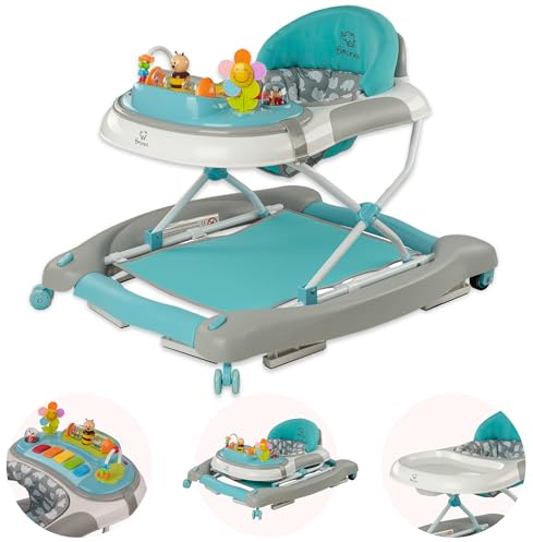 BRONEA 4-in-1 Gehfrei Babywalker ab 6 Monate | Lauflernwagen mit Schaukelfunktion und Spielpaneel mit Musik | Höhenverstellbare und Klappbar | Lauflernhilfe mit leisen Rollen und Bremsen